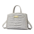 Grey crocodile embossed handbag with double handles and metallic twist lock closure - Light Gray