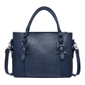 Dark blue minimalist tote bag in litchi textured leather with silver hardware and strap - Blue
