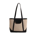 Bolso tote minimalista de lona con ribete de cuero negro y asas largas para uso diario - Beige Patchwork Negro
