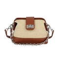 Borsa a tracolla a contrasto in paglia beige e pelle marrone con tracolla a catena - Marrone