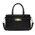 Minimalist black faux crocodile skin handbag with gold metal clasp and top handle - Black
