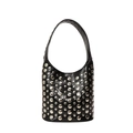 Sac seau rétro en cuir verni noir avec clous argentés et large bandoulière élégante - Noir