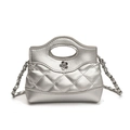 Mini silver quilted chain bag with camellia detail and circular top handle for women - Silver