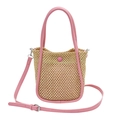 Sac seau en paille avec garniture en cuir rose, texture tissée et bandoulière réglable - Rose