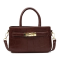 Dark brown faux leather handbag with crocodile pattern and metallic buckle detail - Brown