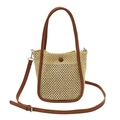 Sac seau en paille beige avec poignées en cuir marron et bandoulière réglable - Marron