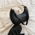 Minimalist black crescent shoulder bag in matte smooth leather with adjustable strap - Black