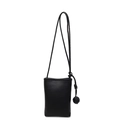 Minimalist black pebble leather mini bucket bag with spherical knot detail and shoulder strap - Black