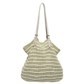 Sac cabas tissé main à rayures vertes et beige avec bandoulière réglable en cuir - Vert