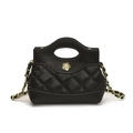 Classic black quilted leather mini bag featuring golden camellia flower and chain strap - Black