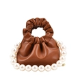 French style caramel pleated cloud bag with elegant large pearl handle strap design - Brown