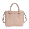 Borsa a mano beige in tela con finiture in pelle e tracolla regolabile - Cachi