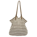 Sac fourre-tout tissé à rayures beige et blanc avec bandoulière réglable en cuir brun - Kaki