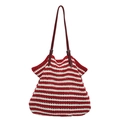 Red and white striped hand-woven crochet tote bag with adjustable leather straps - Red
