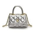 Mini silver quilted handbag with golden camellia floral clasp and chain strap for girls - Silver