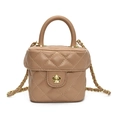 Elegante kamelfarbene Mini-Umhängetasche mit gestepptem Muster und goldener Blume - Khaki