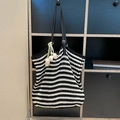 Handmade striped knit tote bag with white tulip charms and adjustable shoulder straps - Black With Pendant