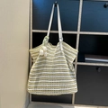 Handwoven green and white striped tote bag with leather straps and tulip charm - Green with Charm