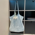 Handmade blue and white striped knit tote bag with tulip charm and adjustable strap - Blue with Pendant