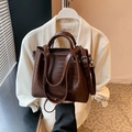 Retro dark brown crocodile pattern bucket bag with handle and adjustable strap - Brown