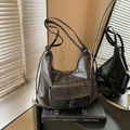 Vintage dunkelgraue Hobo-Tasche mit Kontrastnähten und Klappentasche im stilvollen Look - Schwarz