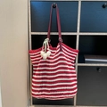 Handmade red and white striped crochet tote bag with tulip pendant and shoulder strap - Red with Pendant