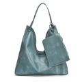 Retro teal PU leather hobo bag set with matching small zipper pouch and wide strap - Lake Blue
