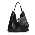 Minimalist black faux leather tote bucket bag set with matching zipper pouch for women - Black