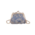 Retro contrast color kiss-lock chain bag with blue and beige textured weave fabric - Dark Blue
