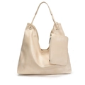 Chic beige soft leather tote bag with matching card pouch and adjustable shoulder strap - White