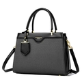 Classic black leather and grey fabric handbag with gold hardware and top handles - Black 2