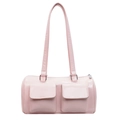 Borsa a cilindro rosa in pelle sintetica con doppie tasche anteriori e finiture argento - Rosa