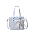 Borsa tote intrecciata bianca e blu con fiocco di pizzo, perle e tracolla regolabile - Blu