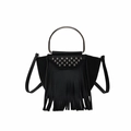 Black lychee leather handbag with silver rivets, tassel fringe and large metal ring handle - Black