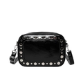 Retro black patent leather crossbody bag with silver studs and square stitching - Black