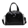 Glossy black heart-shaped PU leather handbag with detachable shoulder strap - Black