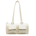 Elegante borsa a cilindro bianco crema in ecopelle con doppie tasche e dettagli argento - Giallo