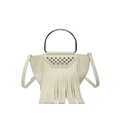 Ivory white crossbody bag with silver studs, long tassels and metallic top handle - White