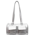 Chic silver metallic cylinder shoulder bag with two front pockets and crossbody strap - Silver
