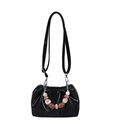 Black pleated cloud bag with beaded handle and detachable crossbody shoulder strap - Black