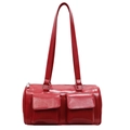Glossy red cylinder shoulder bag with silver hardware and double front flap pockets - Red