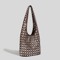 Dark brown leather bucket bag with silver studs and a classic hobo shoulder design - Brown