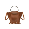 Bolso bandolera de cuero marrón con asa cilíndrica plateada y detalle de flecos largos - Tostado