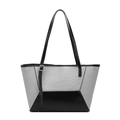Bolso tote retro de lona gris con parches de cuero negro y gran capacidad diaria - Negro y Gris