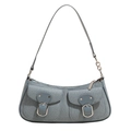 Borsa baguette in denim blu con dettagli in pelle e fibbie ad anello argento - Blu