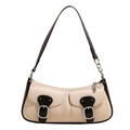 Borsa baguette beige minimalista con tasche frontali e fibbie argentate in tessuto - Nero