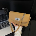 Minimalist ginger leather shoulder bag with silver chain and twist lock for women - Khaki