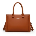 Dunkelbraune Leder-Tote-Bag mit Litschitextur und geflochtenen Details für Damen - Hellbraun