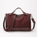 Burgundy PU leather handbag with rivet trim, double handles, and detachable shoulder strap - Red