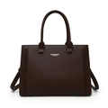 Deep brown pebble leather tote bag with woven texture side details and adjustable strap - Brown